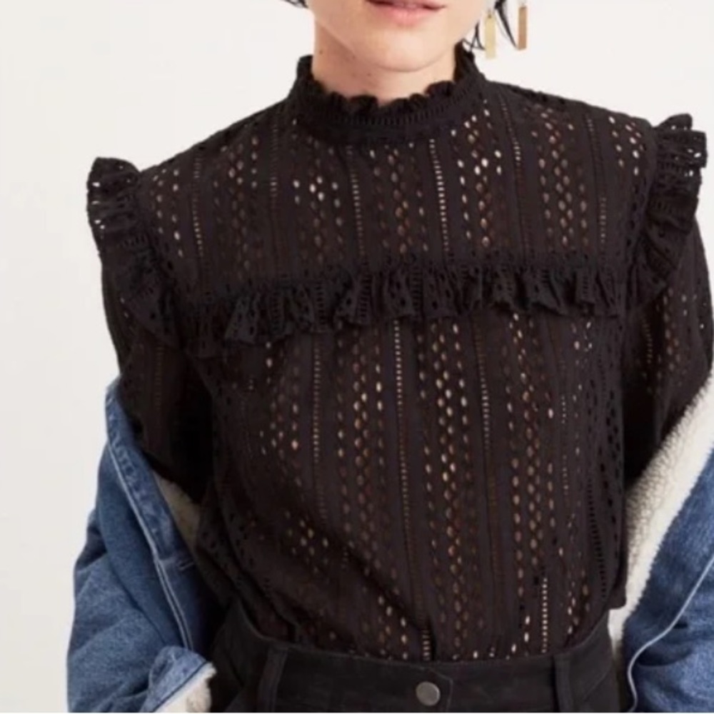 Madewell Eyelet Mockneck Ruffle Top in Black Sz L